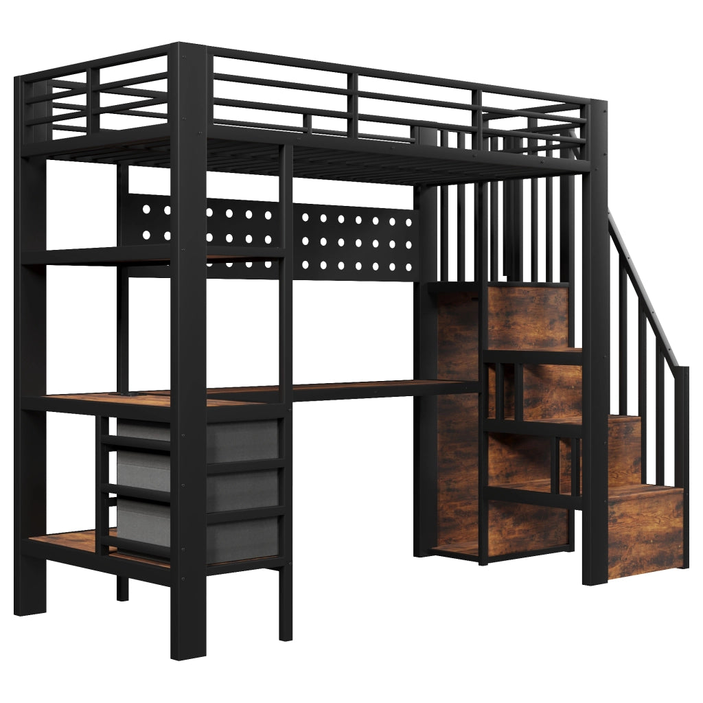 Letto a castello 90x200 cm - Zephmum- In metallo, con scrivania, cassetto e luce LED, nero