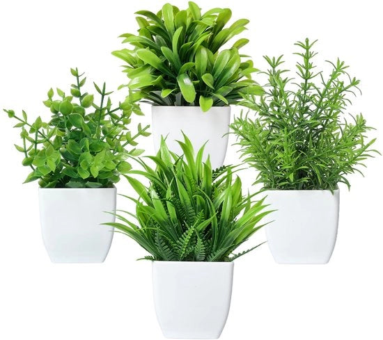 Set di piante artificiali in vaso di plastica nera, composto da 4 piante artificiali per interni, decorazione nera per mensola finestra, ufficio, tavolo, casa, bagno
