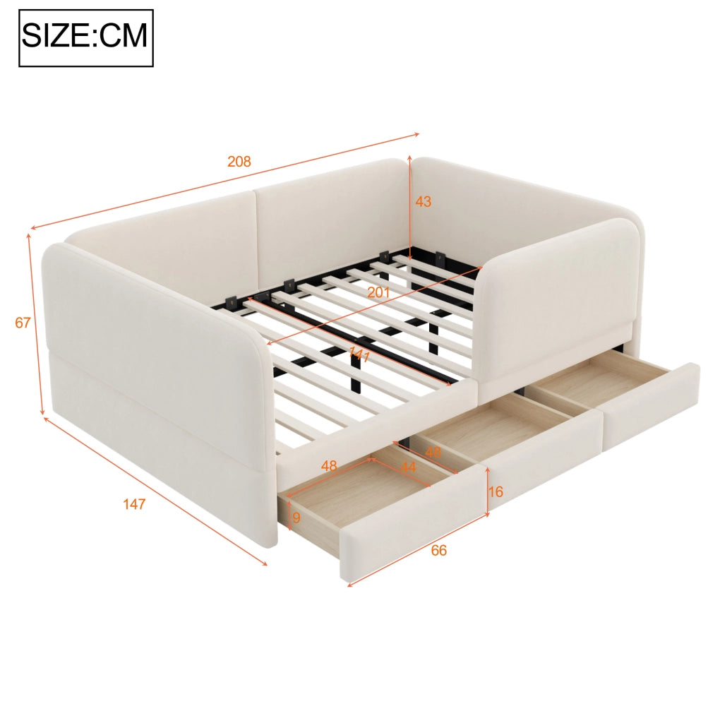 Letto per bambini 140x200 cm imbottito in velluto con 3 cassetti; beige
