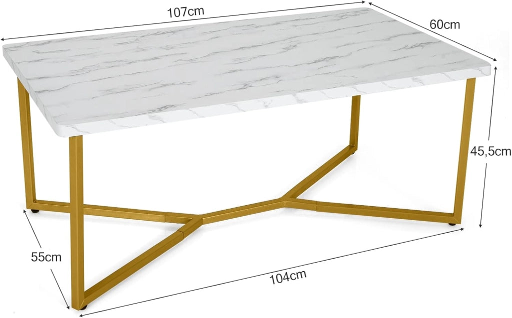 Tavolino Basso da Caffè per Salotto Soggiorno, Tavolino Rettengolare, con Effeto Marmo Bianco Lucido, 107 x 60 x 45,5 cm