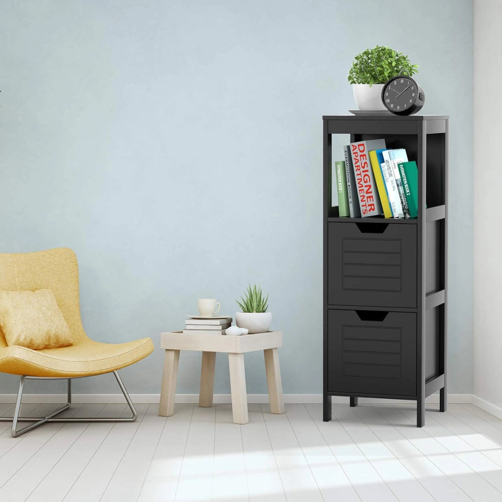 Armadietto da Bagno, Mobile di Legno Multifunzionale, con 2 Cassetti Rimovibili, Scaffale per Casa Ufficio Hotel, 30 x 30 x 89 cm (Nero)