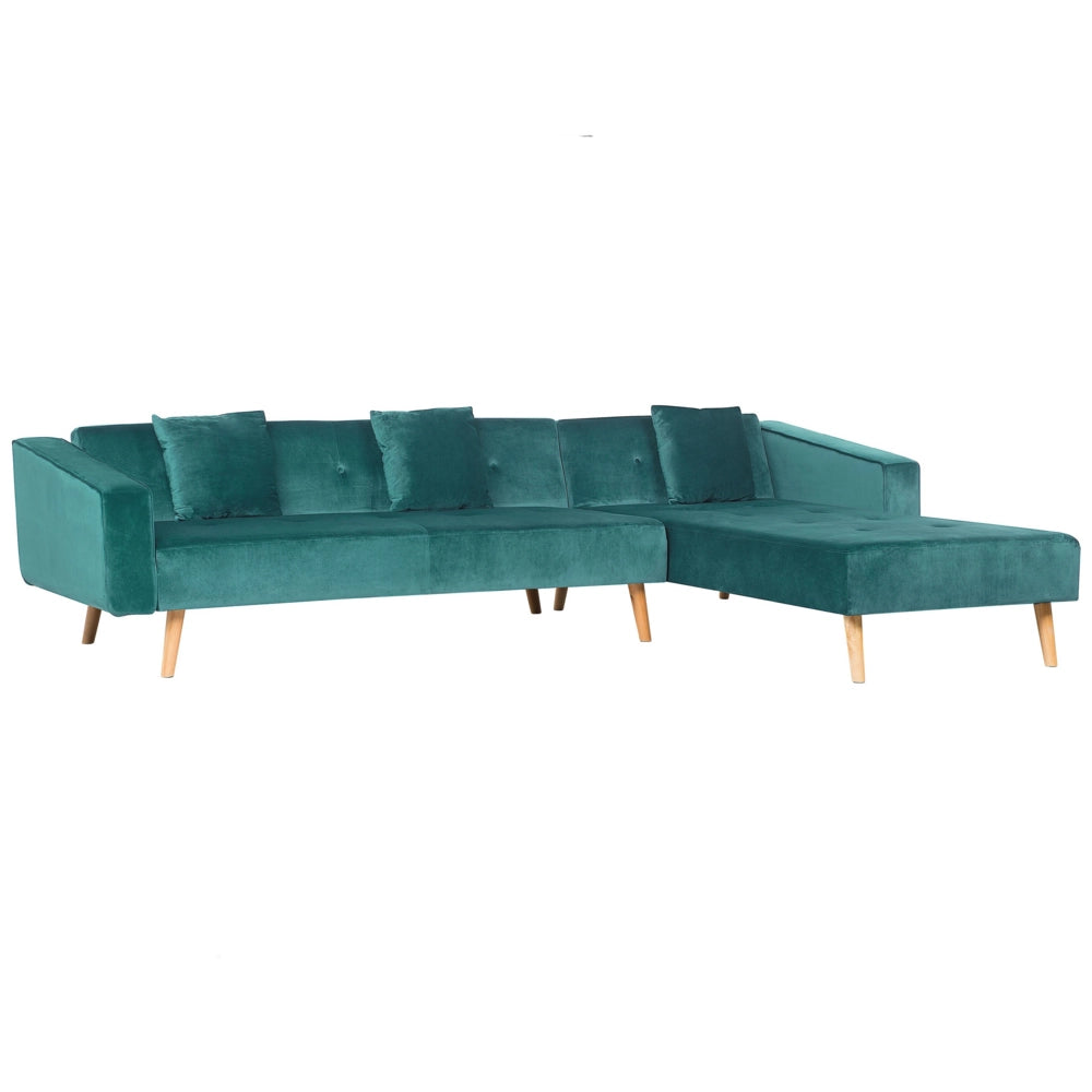 Divano letto ad angolo con 3 cuscini Rivestimento in velluto verde Gambe in legno chiaro Chaise longue reclinabile versione sinistra a 4 posti
