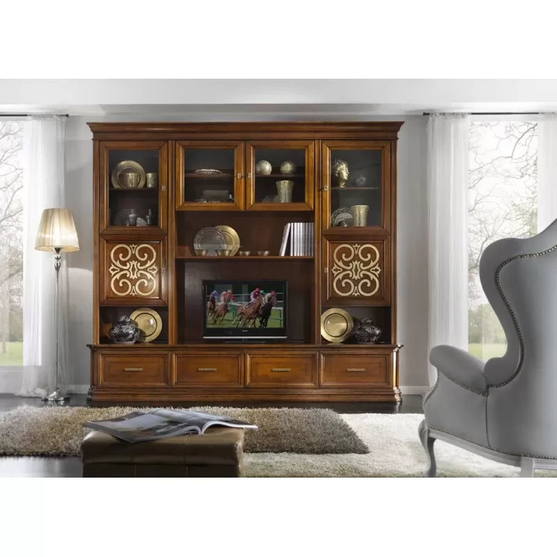 Parete attrezzata classica in legno noce bassano particolari oro 281x55x245 (1229) - Mobili 2G