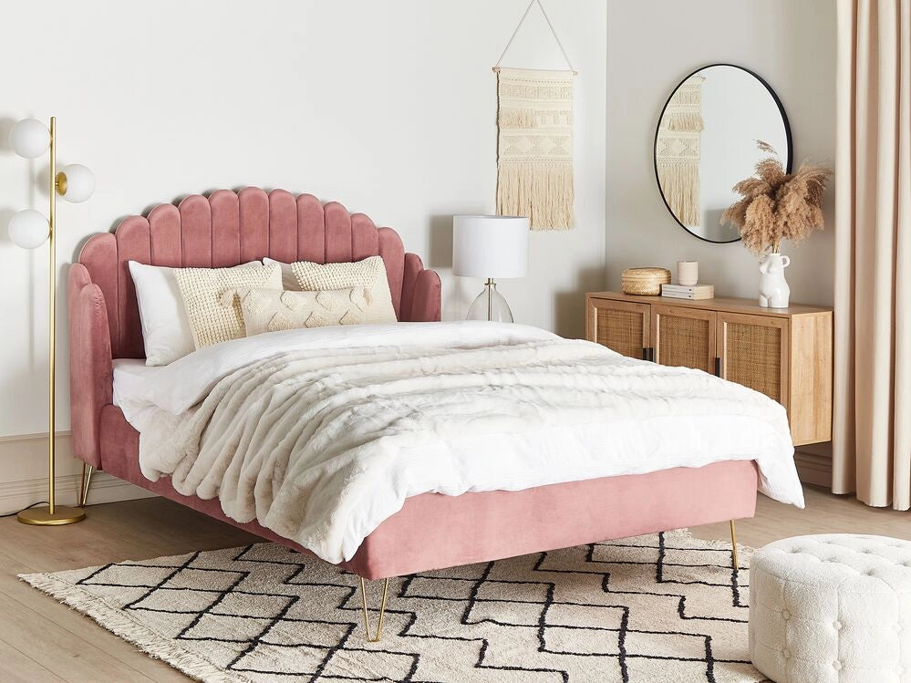 Letto con rete in velluto rosa 140 x 200 cm gambe in metallo testata retro capitonné