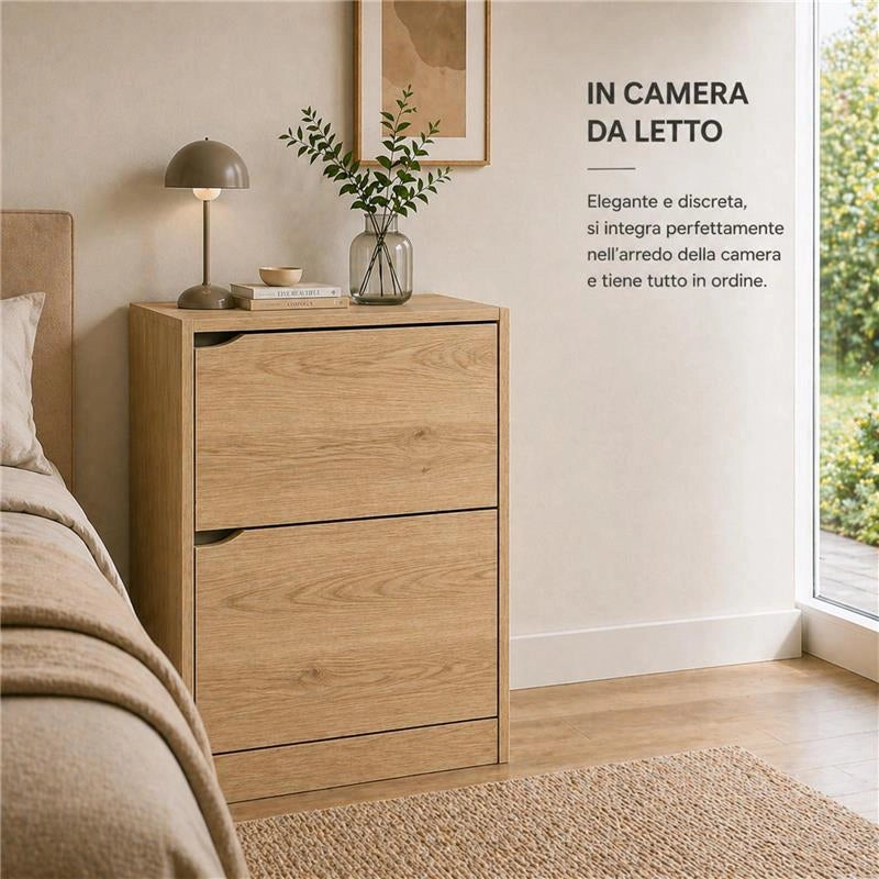 SCARPIERA LINEA HARMON A 2 ANTE E PANNELLO RETROSTANTE IN MDF COLORE ROVERE DIMENSIONI 63X24X80 CM
