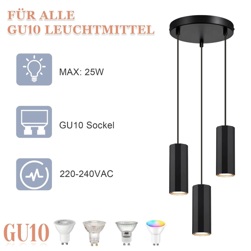 Lampada a sospensione ZMH metallo nero diametro 20 cm 3 attacchi GU10 stile industriale per sala da pranzo e soggiorno