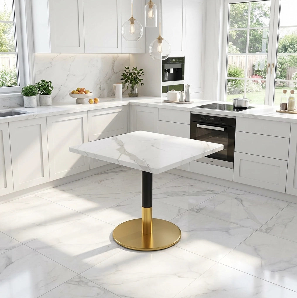 Tavolo da pranzo rettangolare 80x60 cm per 2 persone; piano effetto marmo bianco in MDF; base in metallo nero