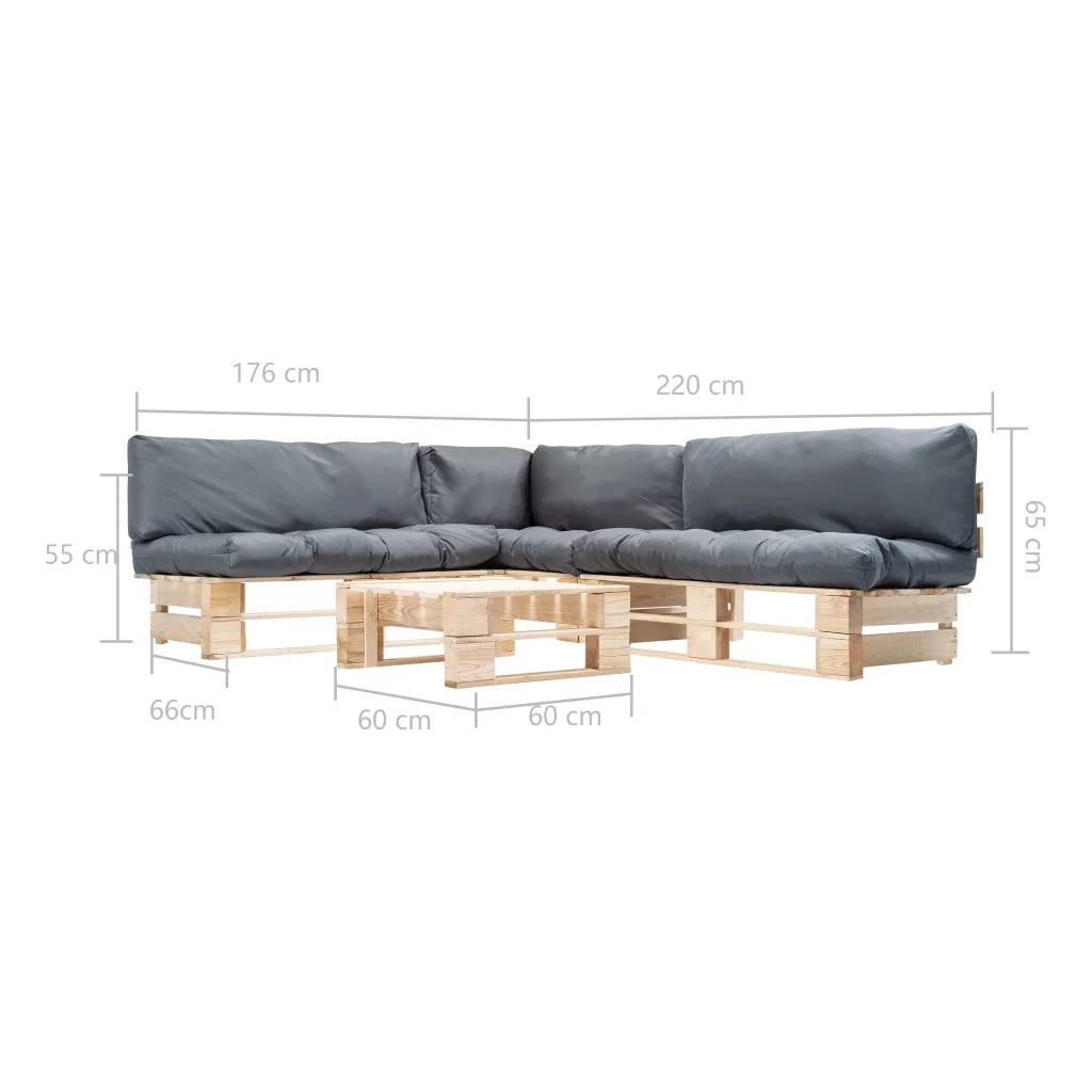 Set Divani da Giardino Pallet 4 pz con Cuscini Grigi in Legno 277488