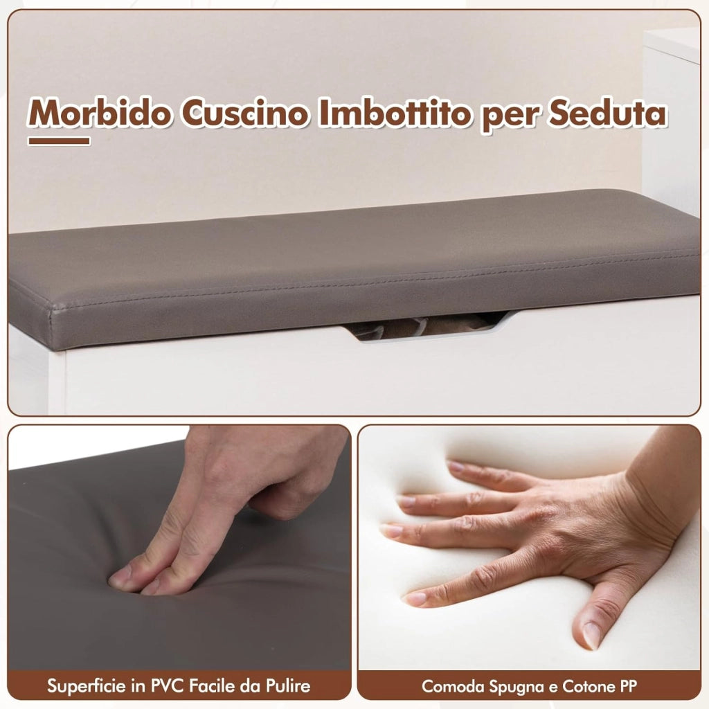 Panchina da Ingresso, Panca Porta Scarpe con Vano a Ribalta e 2 Armadietti, con Seduta Scarpiera Laterale e Calzascarpe Estraibile, per Corridoio Soggiorno