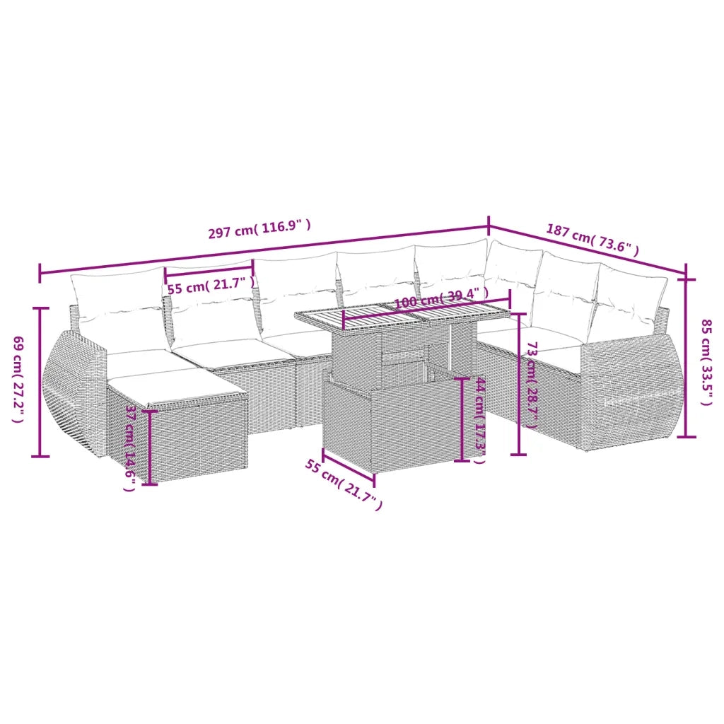 Set Divani da Giardino 9 pz con Cuscini Nero in Polyrattan 3275849