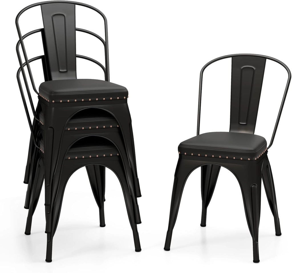 Set di 4 sedie da pranzo impilabili, da cucina, da bistrò, con schienale rimovibile, imbottite, da soggiorno, da pranzo, in metallo, portata 150 kg, 44 x 53 x 84 cm (nero)