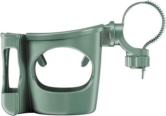 Accessorio per passeggino con contenitore per telefono, organizzatore per bibita e caffè.