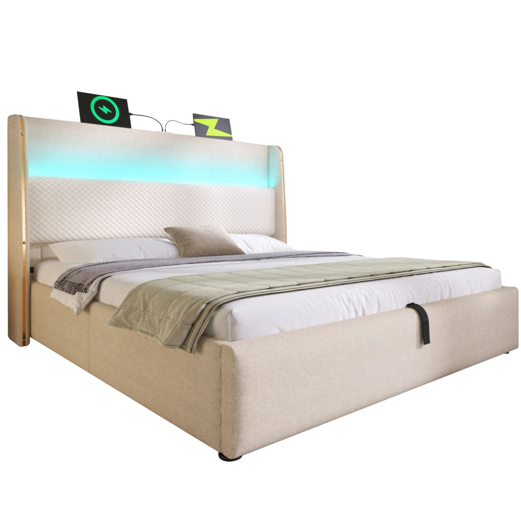 Letto matrimoniale con contenitore 160x200 cm in lino beige; LED e porte USB Type-C; con materasso