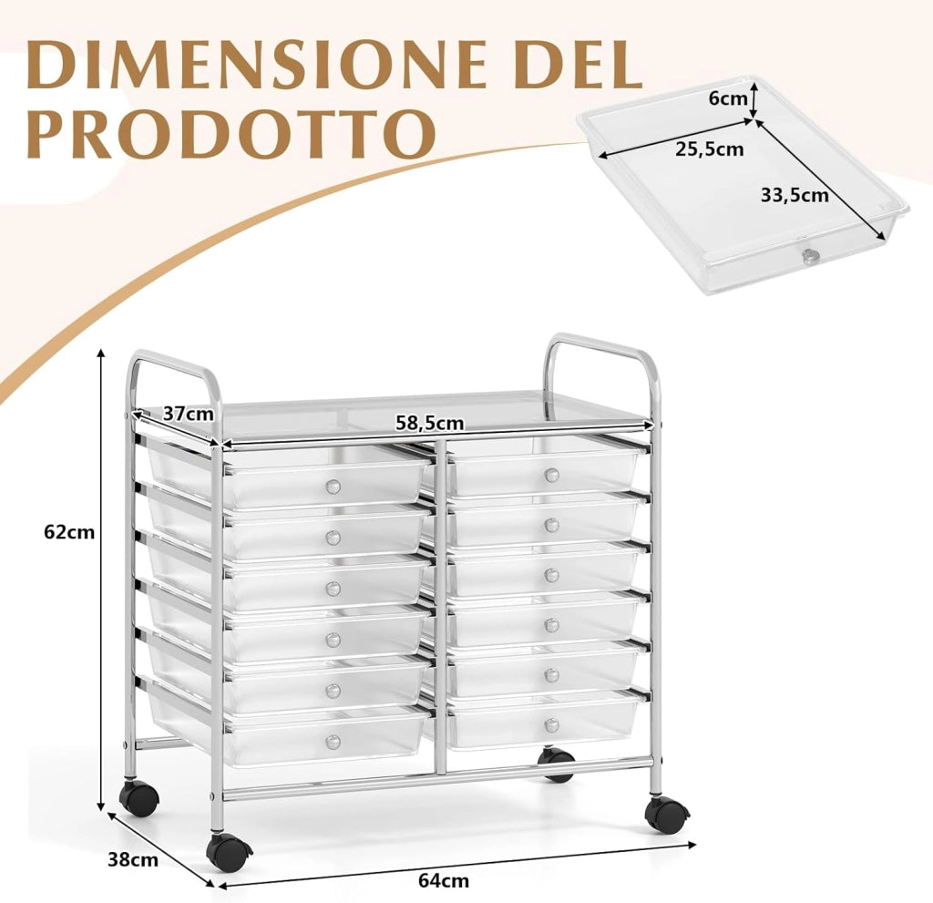 Carrello di Stoccaggio con 20 Cassetti, Carrello portaoggetti con 4 Ruote, Carrello Multiuso per Scuola Ufficio Cucina, 64 x 39 x 88 cm (12 cassetti Trasparente)