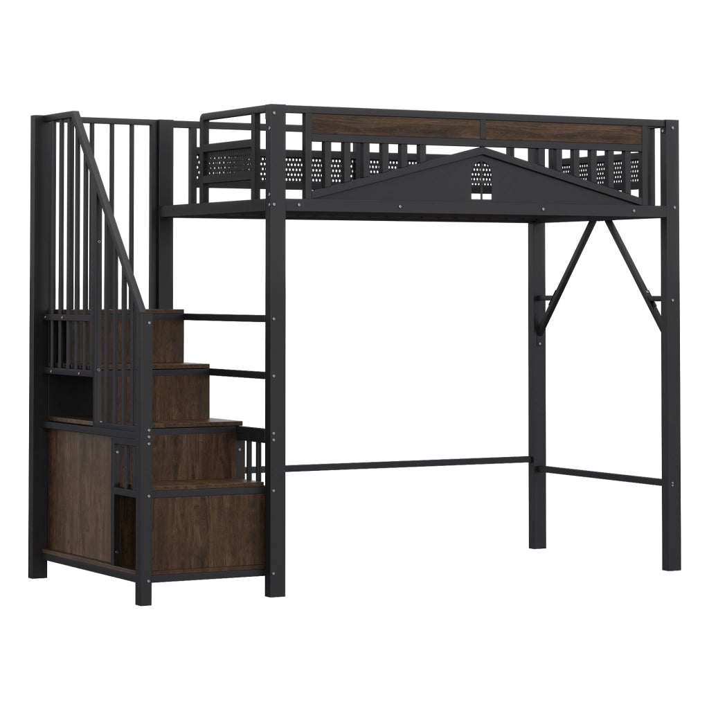 Letto a soppalco in metallo 90 x 200 cm con scala laterale, spazio contenitivo integrato e design finestra, nero