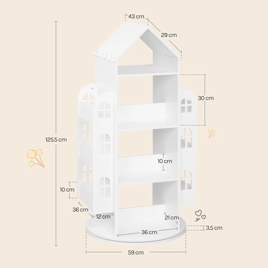 Libreria Bianca per Bambini Girevole, Mobile Portaoggetti per Bambini a 4 Livelli con 2 Spazi di Archiviazione Laterali, a Forma di Casa, 63x59x125cm
