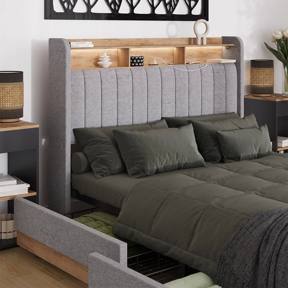 Vitalispa Letto imbottito Grigio 140x200 cm con 4 cassetti