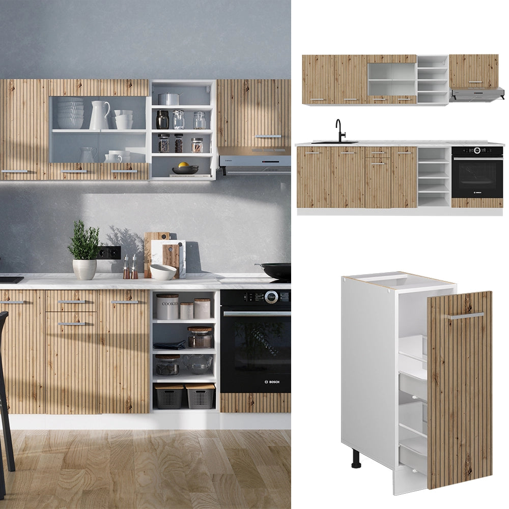 Cucina componibile R-Line Rovere artigianale/Bianco 240 cm senza piano di lavoro Vicco