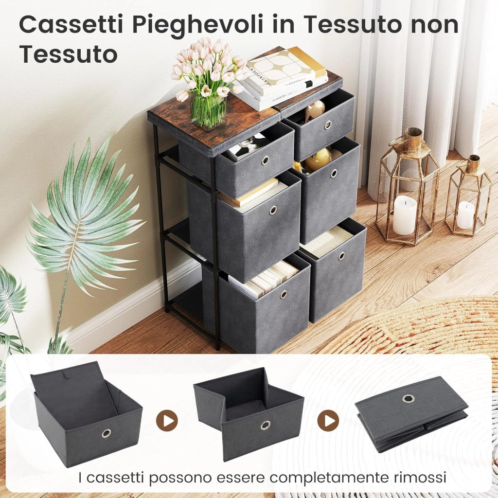 Comò con 6 Cassetti, Cassettiera in Tessuto con Struttura in Metallo e Legno, Armadietto Portaoggetti Salvaspazio, per Soggiorno, Camera da Letto e Corridoio (58 x 29 x 84 cm,Grigio)