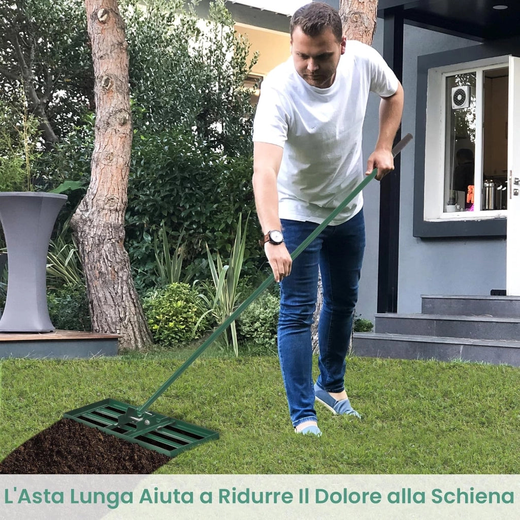 Rastrello Livellatore per Prato, Attrezzo per la Livellatura del Prato con Manico Ergonomico, Livellatrice per Giardino, Cortile, Campo da Golf, Fattoria e Pascolo (Verde 75 x 25 cm)