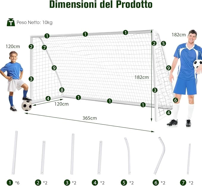 Porto per Calcio per Bambini, Rete da Calcio Resistente alle Intemperie e Telaio in UPVC con Pali di Fissaggio e Coni da Calcio per Allenamenti in Cortile