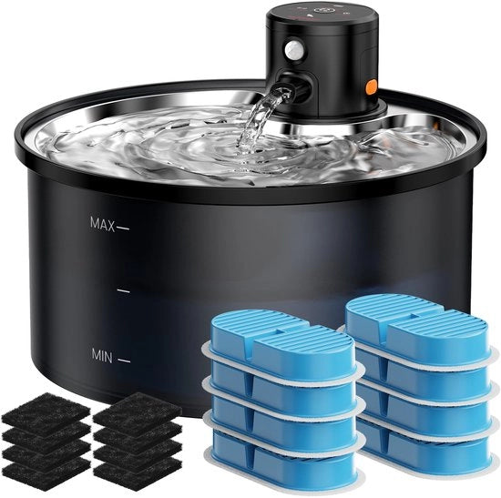 Fonte per gatti - con 8 filtri a carbonio + 8 spugne - Fonte per gatti con sensor - 3,2L fonte per gatti in acciaio inossidabile con rilevatore di movimento