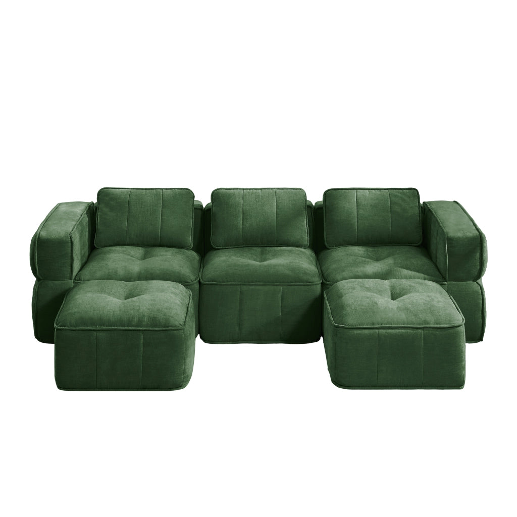Divano modulare a U 3 posti con 2 pouf in poliestere verde; 271x162x67 cm