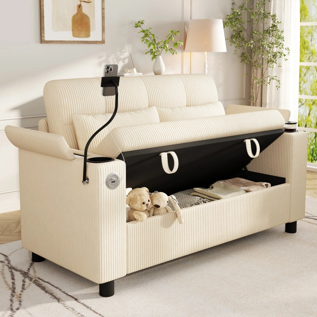Divano 2 posti con contenitore; USB/Type-C e portabevande in velluto a coste beige HOMVRA