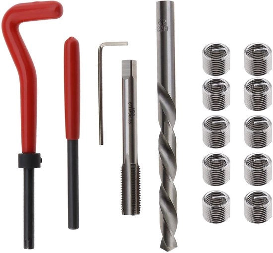 Set di riparazione di fili M9 x 1,25 mm - 15 pezzi - Acciaio con alta velocità - Strumento di installazione - Strumento di pin di rotura - Trapano a spirale - Set di riparazione di fili
