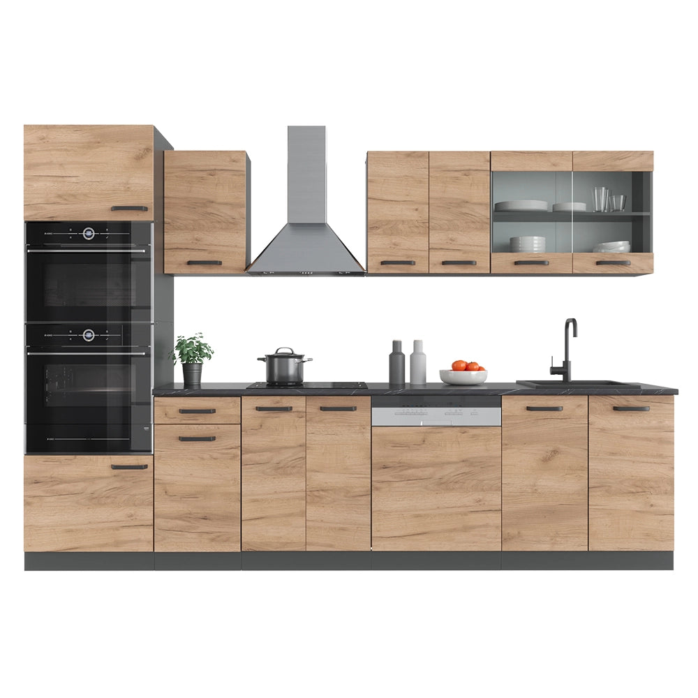 Vicco Cucina componibile Quercia dorata/antracite 300 cm con armadio alto, PL Marmo