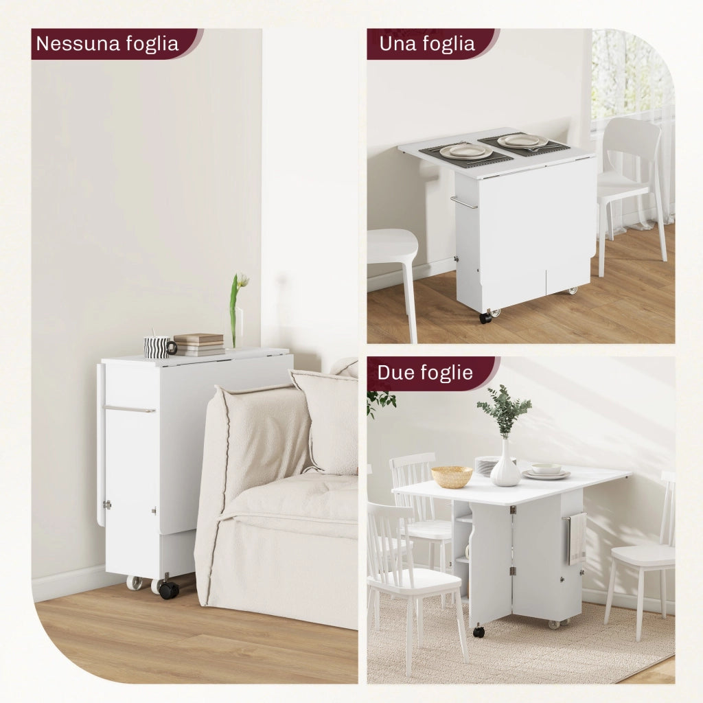 Tavolo a Ribalta Pieghevole con Ripiani a 3 Livelli Box e Rotelle 130x80x76,5 cm in MDF Bianco