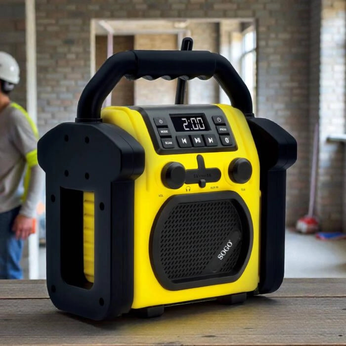 Radio da cantiere ricaricabile, Bluetooth 5.4, FM 87.5-108 MHz, batteria 2000mAh, 10h autonomia, protezione IPX54 - SOGO