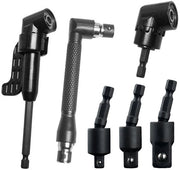 Set di foratura a 6 pezzi in acciaio con 3 adattatori di foratura a 360° di 1/4", 3/8" e 1/2", 2 adattatori a 6 lobi con angolo di 105° e punterie a 90°.