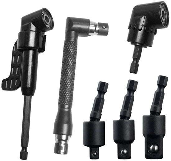 Set di foratura a 6 pezzi in acciaio con 3 adattatori di foratura a 360° di 1/4", 3/8" e 1/2", 2 adattatori a 6 lobi con angolo di 105° e punterie a 90°.