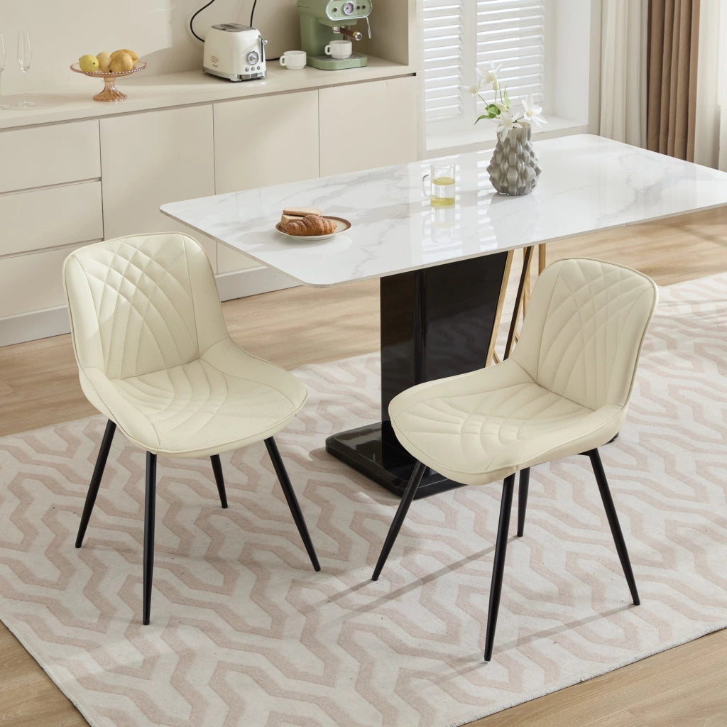Sedia da pranzo, set da 2, ecopelle, motivo trapuntato 3D, gambe in metallo, bianco crema