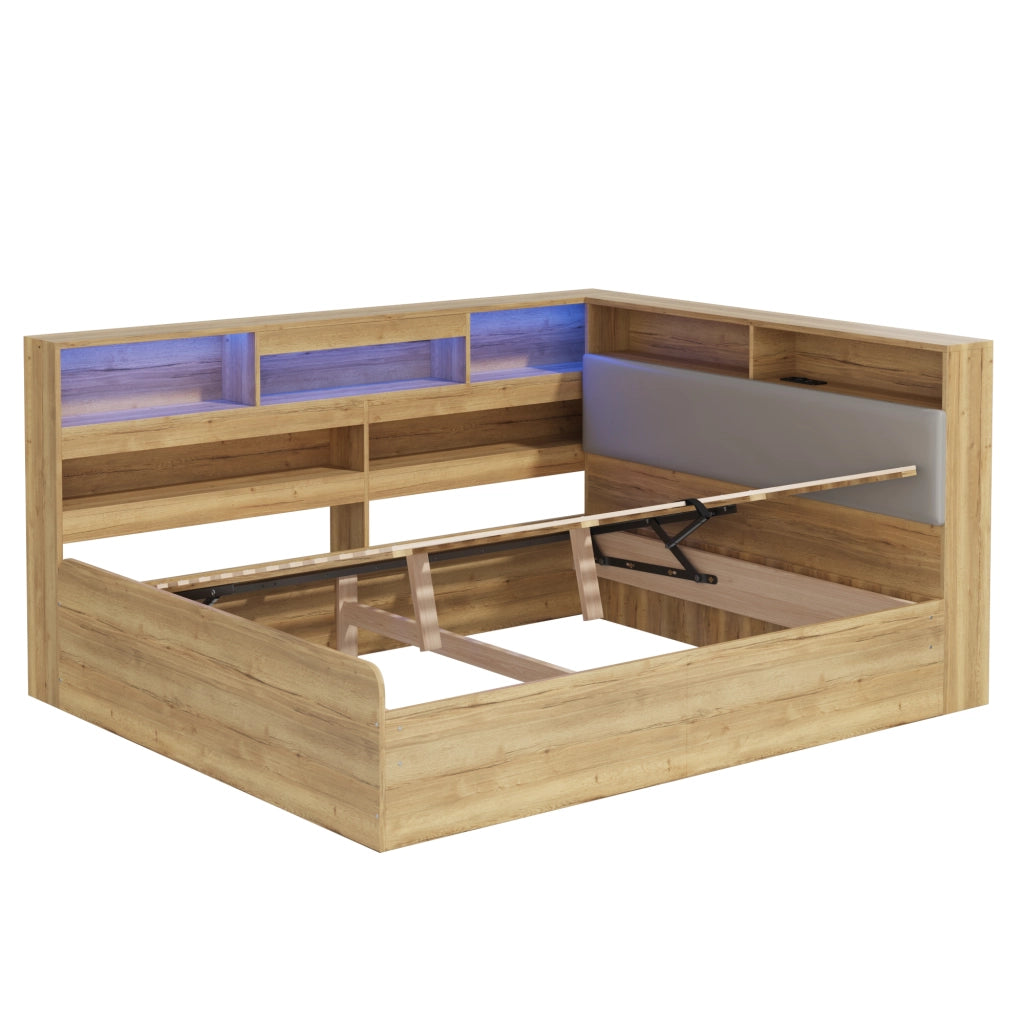 Letto per bambini 90 × 200 cm et 140 × 200 cm contenitore idraulico, LED, USB et USB-C, senza materasso, in MDF, naturale
