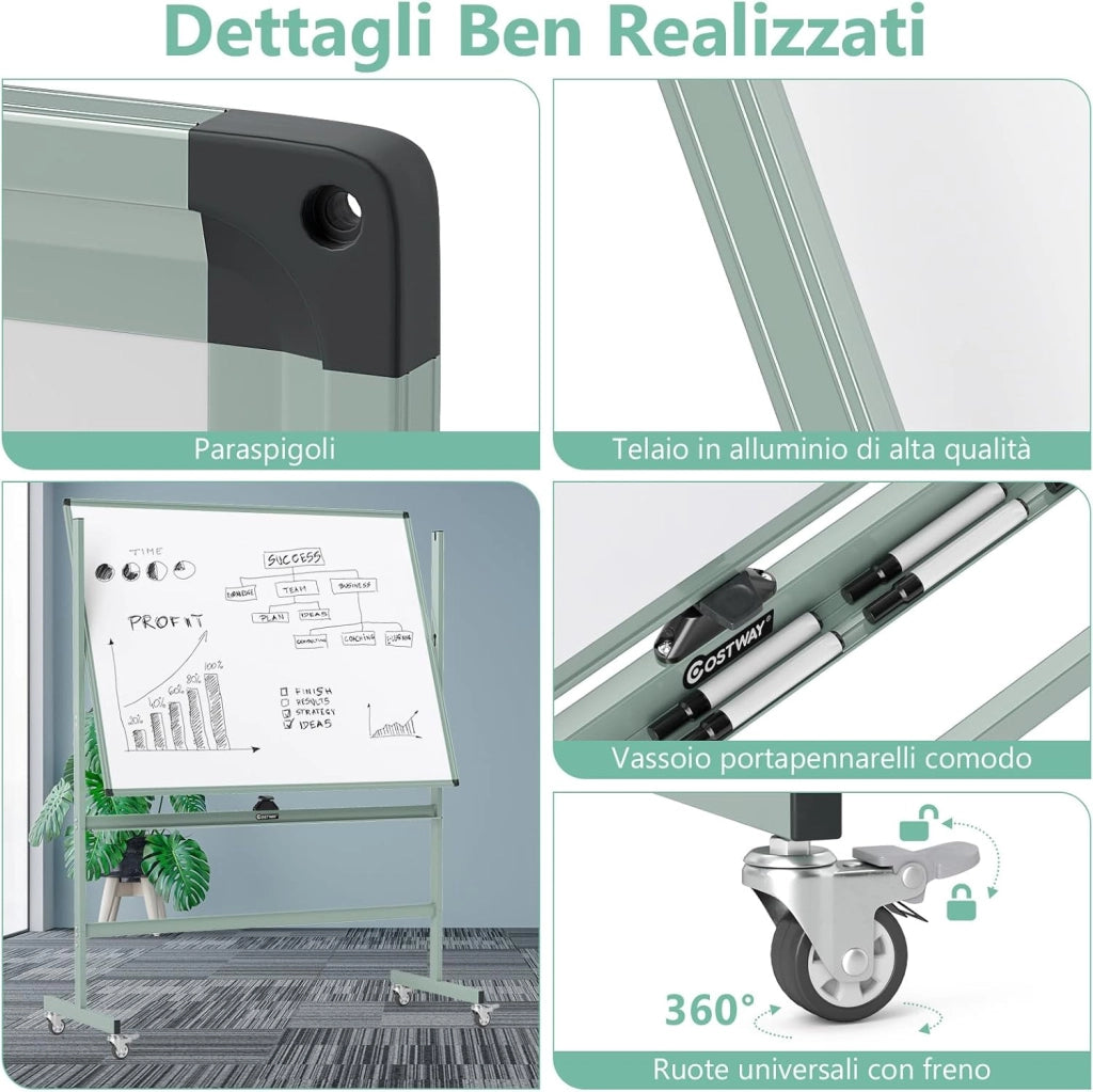 Lavagna Bianca Magnetica Doppia, Lavagna Bianca Regolabile in Altezza e Ruote Bloccabili, 6 Pennarelli, 12 Calamite e 1 Cancellino, Ideale per Scuola, 126 x 53,5 x 160-180 cm (Verde)