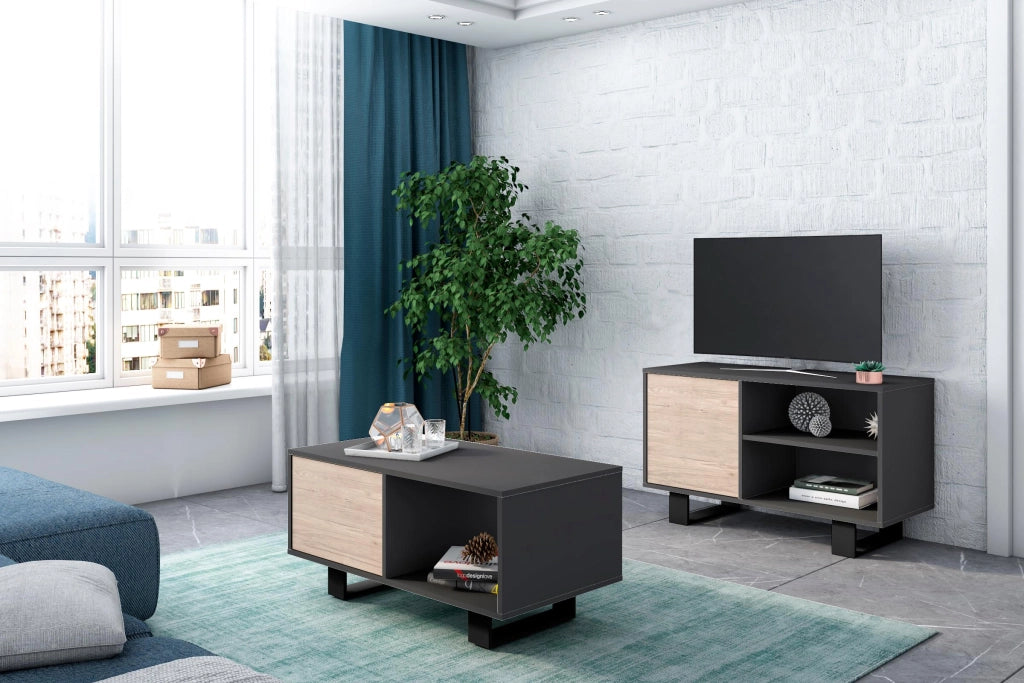 Mobile per Soggiorno e Sala da Pranzo composto da 1 Mobile TV100 e 1 Tavolino colore Grigio e colore Rovere con Gambe Nere RF1122