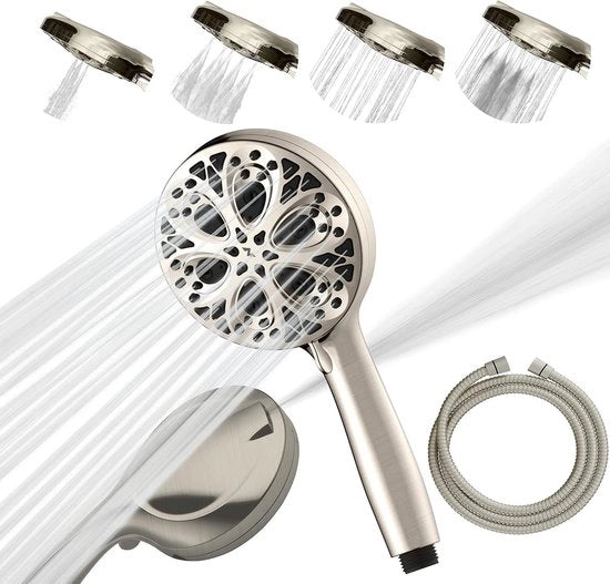 Doccia a Alta Pressione - Manichetta a Flusso Elevato con Testa di Doccia - Jets a Alta Pressione - ABS Premium - Acciaio Inossidabile - Fusto in Acciaio - Finitura a Specchio con Nickel Lavorato - Manichetta da 13 cm