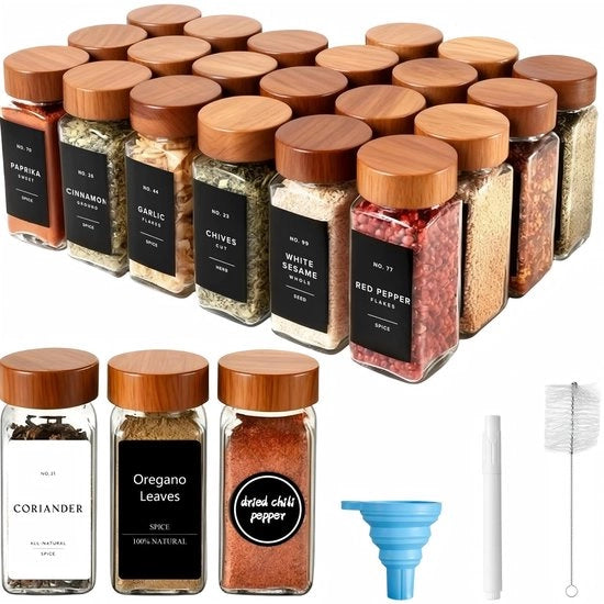 Set di contenitori per erbe in vetro da 24 - Contenitori per erbe quadrati da 120 ml - Detersivi in acacia - Inclusi etichette e cucchiai - Set di diffusori multifunzionali