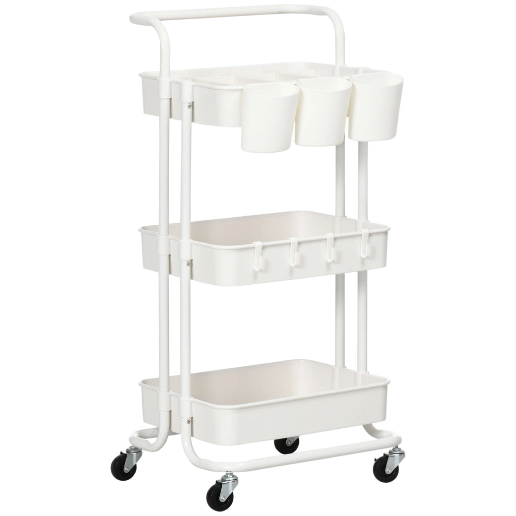 Carrello da Cucina Multiuso a 3 Livelli con Cestini e Ganci Rimovibili Ripiano con 12 Divisori in Acciaio e ABS Bianco
