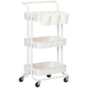 Carrello da Cucina Multiuso a 3 Livelli con Cestini e Ganci Rimovibili Ripiano con 12 Divisori in Acciaio e ABS Bianco