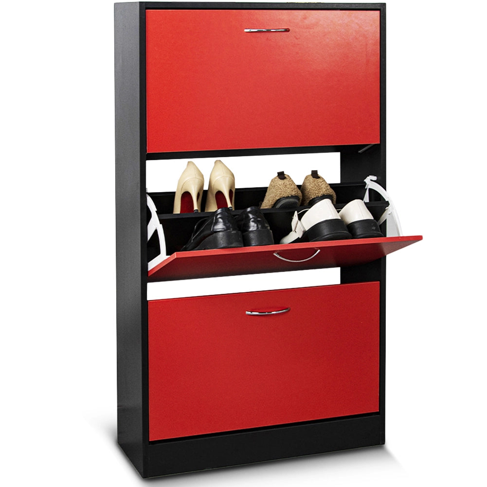 Scarpiera 3 Ante Ripiani Doppia Profondità con Maniglia Rosso e Nero 63x24x115cm
