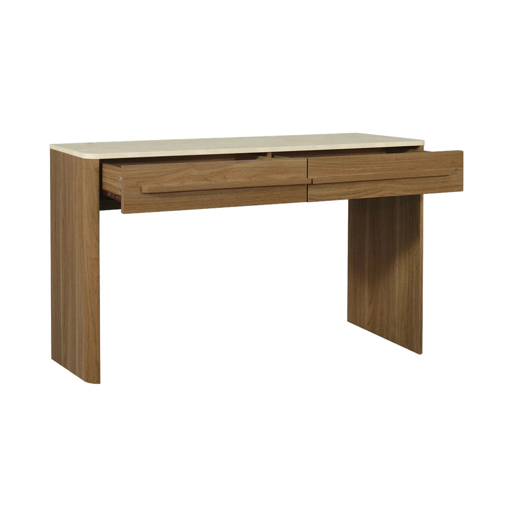 Consolle decorativa in legno e effetto travertino con 2 cassetti