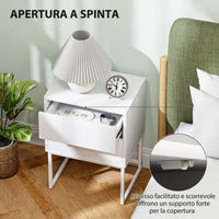 Comodino Moderno a 2 Cassetti con Apertura a Pressione 40x30x50 cm in MDF e Acciaio Bianco
