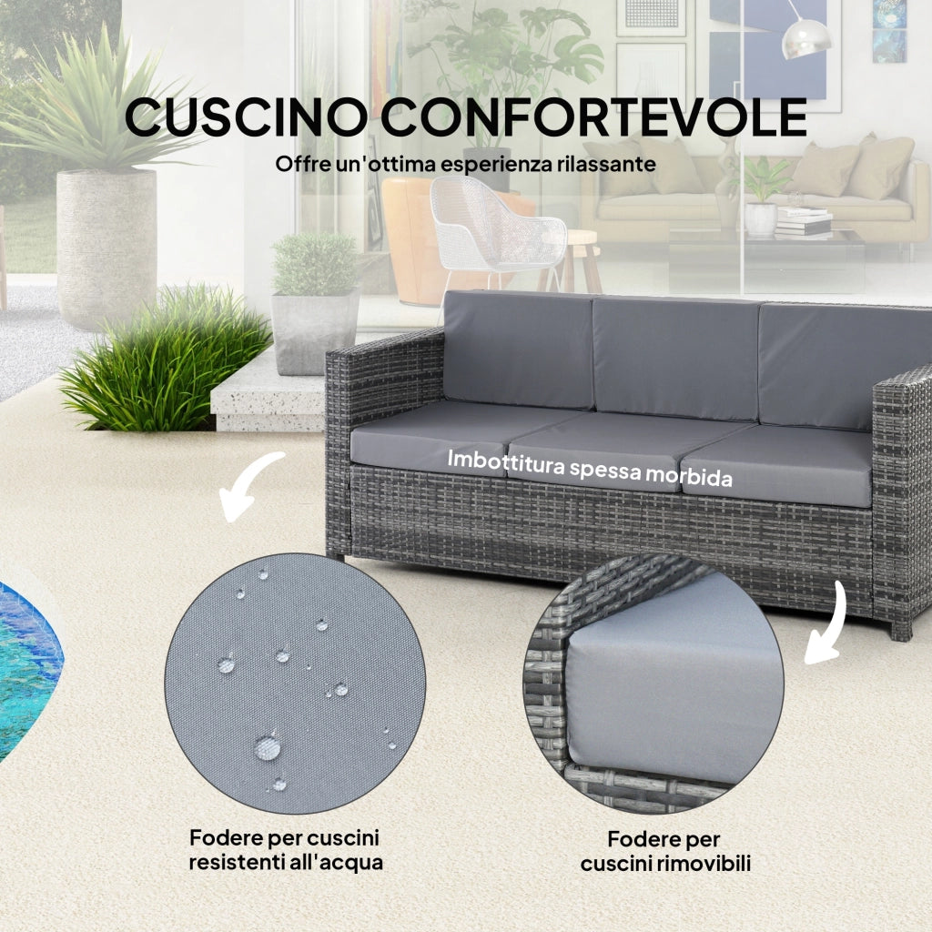 Divano da Esterno 3 Posti in Rattan e Metallo con Cuscini ¨C zephmum ¨C 185x70x80 cm Grigio