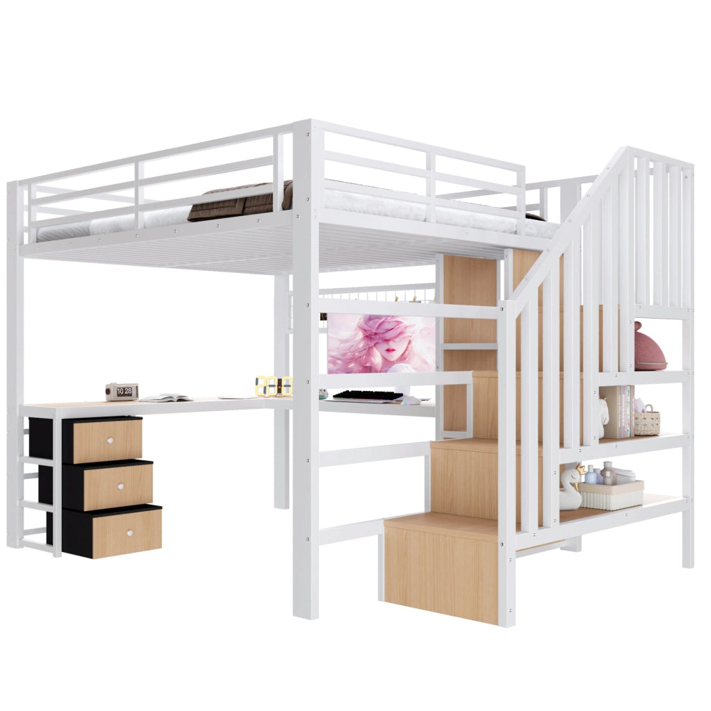 Letto a soppalco 140x200 cm in metallo e MDF bianco con scrivania; LED e contenitore