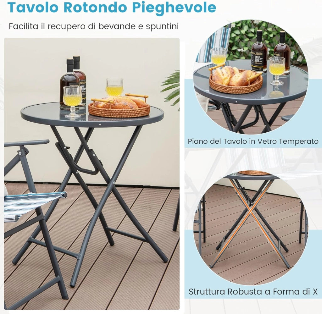 Set Tavolo e Sedie da Giardino Pieghevoli 3 Pezzi, Set Mobili da Esterno con 2 Sedia in Textilene e Tavolino Rotondo in Vetro Temperato, Salottino da Esterno Giardino Balcone