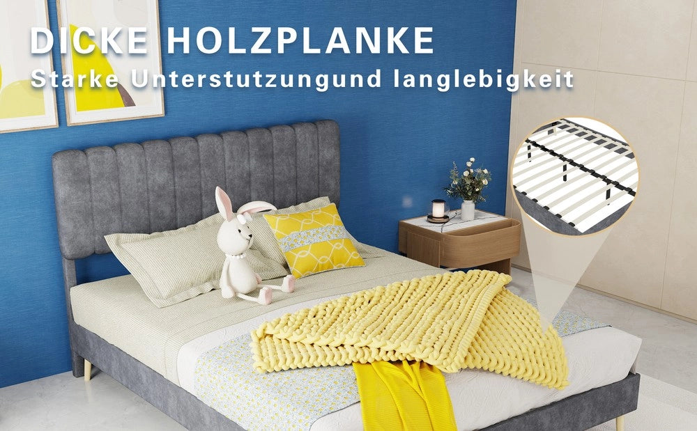 Letto Imbottito con Testiera Morbida ¨C MINIMAL ¨C Grigio 140x200 con Materasso