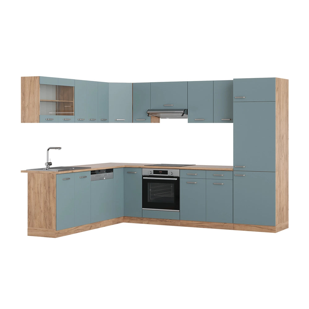 Vicco Cucina angolare completa Rovere blu-grigio/oro 227 x 287 cm senza piano di lavoro